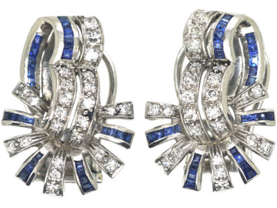 Art Deco 18ct White Gold, Sapphire & Diamond Clip On Earrings Art Deco 18ct White Gold, Sapphire & Diamond Clip On Earrings