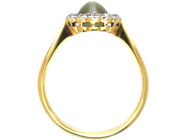 Edwardian 18ct Gold, Diamond & Cat's Eye Chrysoberyl Cluster Ring