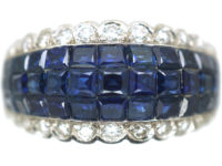Art Deco French 18ct White Gold Invisible Set Sapphire & Diamond Ring