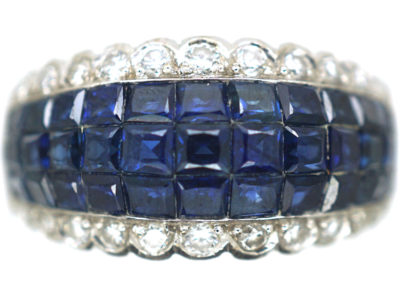 Art Deco French 18ct White Gold Invisible Set Sapphire & Diamond Ring