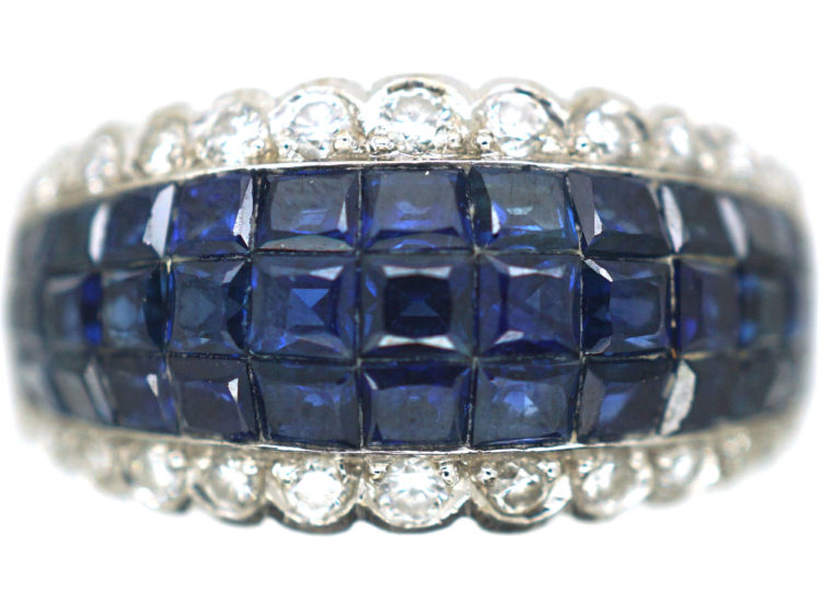 Art Deco French 18ct White Gold Invisible Set Sapphire & Diamond Ring