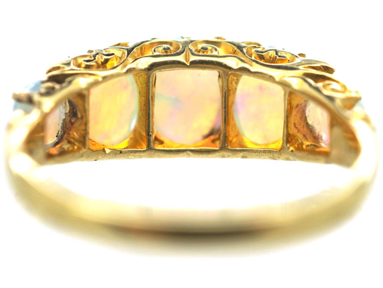 Edwardian 18ct Gold Half Carved Half Hoop Five Stone Opal Ring