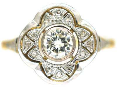 French Art Deco Platinum & 18ct Gold Diamond Geometric Shaped Target Ring