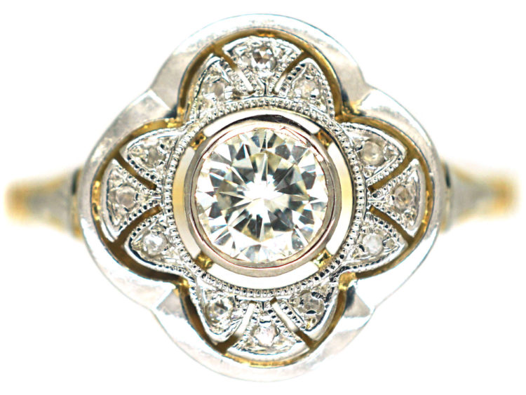 French Art Deco Platinum & 18ct Gold Diamond Geometric Shaped Target Ring