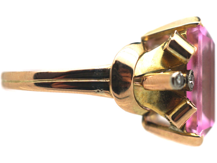 Retro 14ct Gold, Synthetic Pink Sapphire with Diamond Set Shoulders