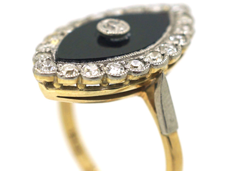 Art Deco 18ct Gold & Platinum, Onyx & Diamond Marquise Shaped Ring