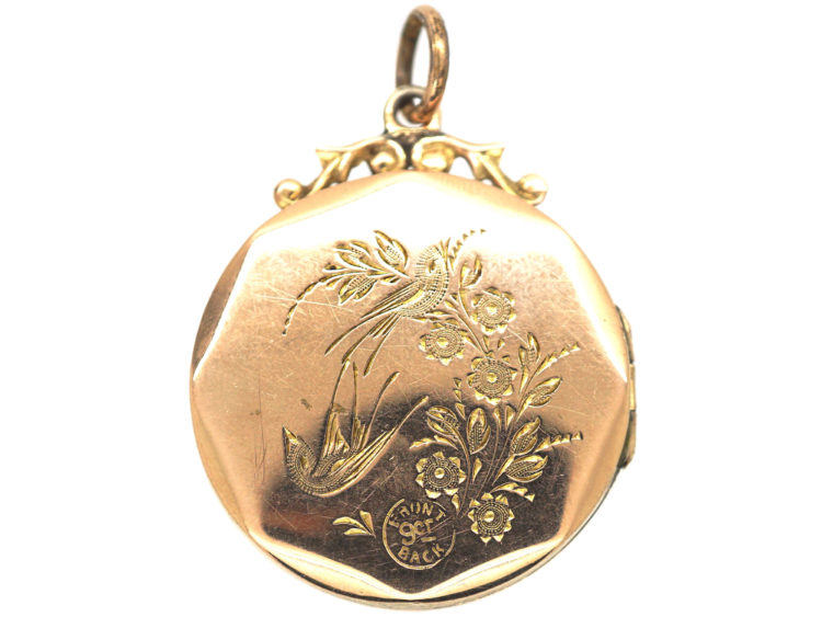 Edwardian 9ct Back & Front Octagonal Locket with Swallow & Flower Basket Motif