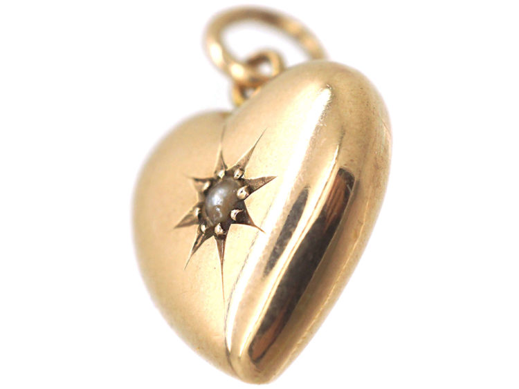 Edwardian 9ct gold Heart Pendant set with a Natural Split Pearl