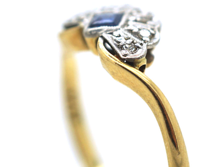 Art Deco 18ct Gold & Platinum, Diamond & Sapphire Fan Ring