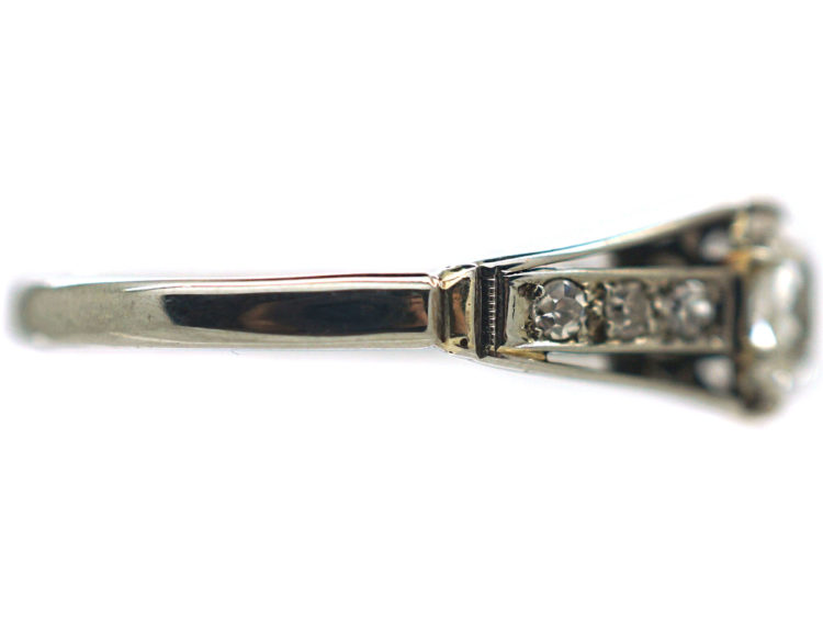 Art Deco 18ct Gold & Platinum, Diamond Solitaire Ring with Diamond Set Shoulders