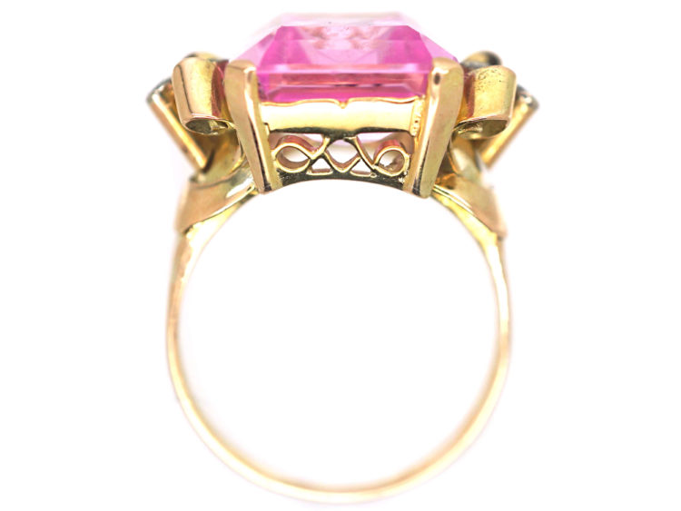 Retro 14ct Gold, Synthetic Pink Sapphire with Diamond Set Shoulders