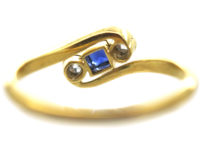 Art Deco 18ct Gold & Platinum, Diamond & Sapphire Crossover Ring