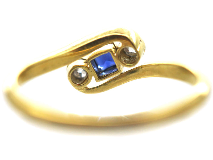 Art Deco 18ct Gold & Platinum, Diamond & Sapphire Crossover Ring