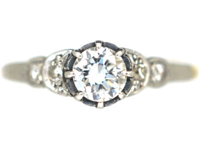 Art Deco 18ct Gold & Platinum Diamond Solitaire Ring with Diamond Shoulders