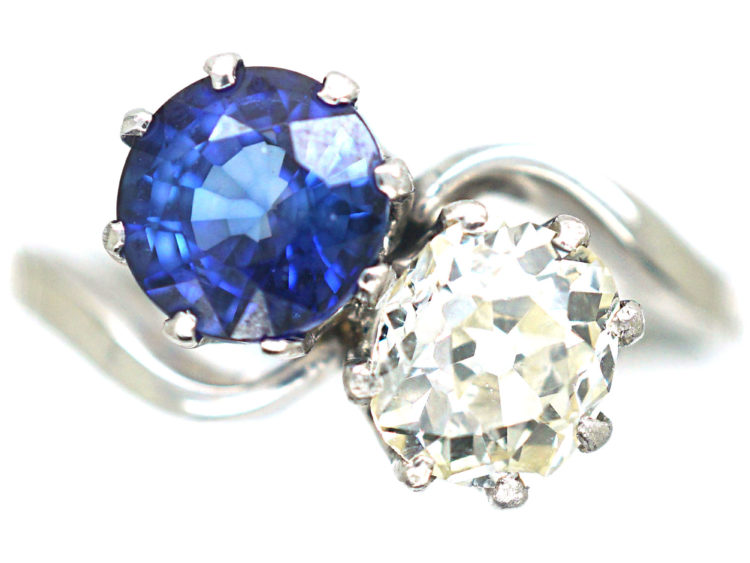 Art Deco Platinum, Sapphire & Diamond Crossover Ring