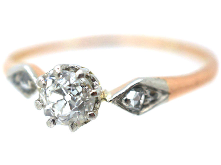 Edwardian 18ct Rose Gold & Platinum, Diamond Solitaire Ring with Rose Diamond Set Shoulders