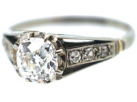Art Deco 18ct Gold & Platinum, Diamond Solitaire Ring with Diamond Set Shoulders