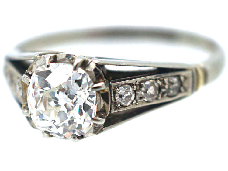 Art Deco 18ct Gold & Platinum, Diamond Solitaire Ring with Diamond Set Shoulders