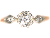 Edwardian 18ct Rose Gold & Platinum, Diamond Solitaire Ring with Rose Diamond Set Shoulders