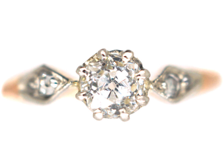 Edwardian 18ct Rose Gold & Platinum, Diamond Solitaire Ring with Rose Diamond Set Shoulders