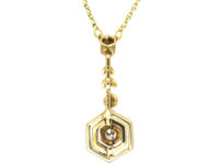 Art Deco 14ct Gold Diamond & Pearl Pendant on 14ct Gold Chain