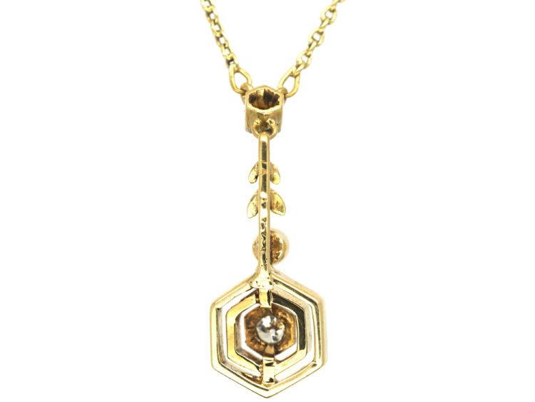 Art Deco 14ct Gold Diamond & Pearl Pendant on 14ct Gold Chain