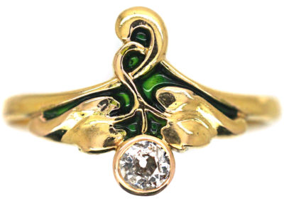 Art Nouveau Plique-à-Jour Enamel & Diamond Ring
