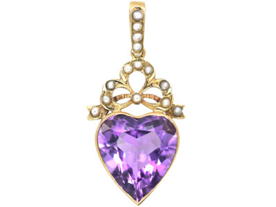 Edwardian 9ct Gold Heart Pendant set with Natural Split Pearls & a Heart Shaped Amethyst
