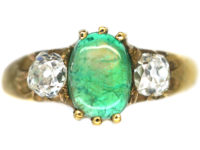 Victorian 18ct Gold Cabochon Emerald & Diamond Three Stone Ring