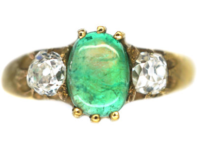 Victorian 18ct Gold Cabochon Emerald & Diamond Three Stone Ring