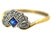 Art Deco 18ct Gold & Platinum, Diamond & Sapphire Fan Ring