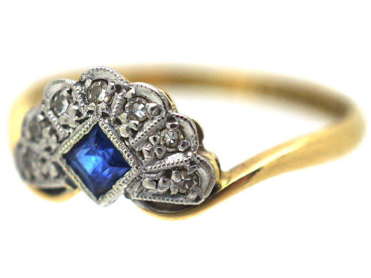 Art Deco 18ct Gold & Platinum, Diamond & Sapphire Fan Ring