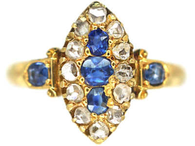 Victorian 18ct Gold Sapphire & Rose Cut Diamond Marquise Shaped Ring