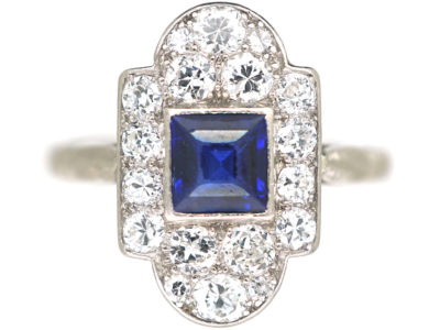 Art Deco Platinum, Sapphire & Diamond Geometric Ring