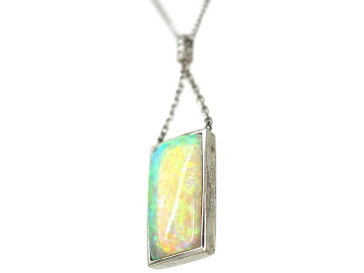 Art Deco 18ct White Gold, Opal & Diamond Pendant on 18ct White Gold Chain