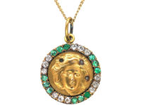 Art Nouveau 15ct Gold, Diamond & Emerald Pendant of a Lady on 9ct Gold Chain