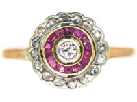 Art Deco 18ct Gold & Platinum, Diamond & Ruby Target Ring