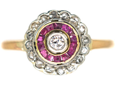 Art Deco 18ct Gold & Platinum, Diamond & Ruby Target Ring