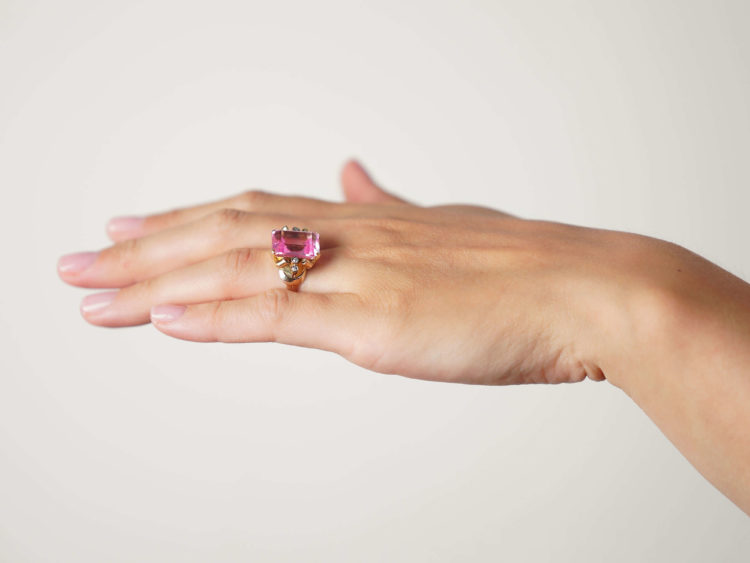Retro 14ct Gold, Synthetic Pink Sapphire with Diamond Set Shoulders