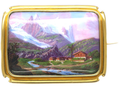 Early 19th Century 15ct Gold & Swiss Enamel Brooch of a Swiss Mountain Scene