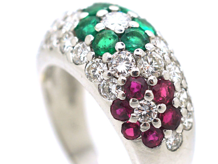 18ct White Gold Tutti Frutti Sapphire, Diamond, Emerald & Ruby Flowers Ring