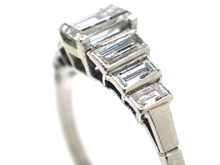 Art Deco Platinum Seven Stone Baguette Step Cut Diamond Ring