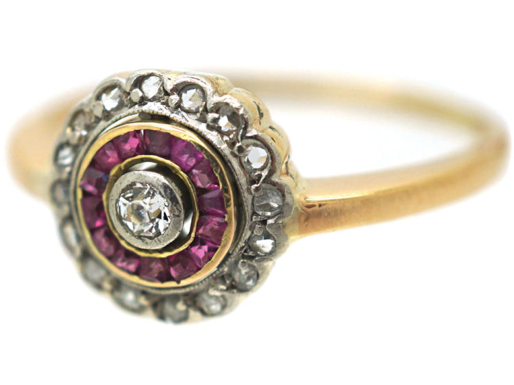 Art Deco 18ct Gold & Platinum, Diamond & Ruby Target Ring