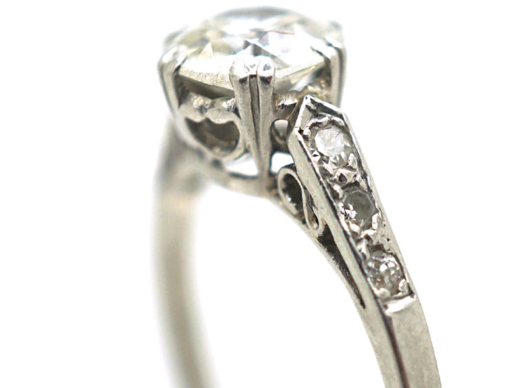 Art Deco Platinum Diamond Solitaire Ring with Diamond Shoulders