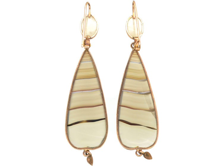 Georgian 9ct Gold & Banded Agate Drop Earrings