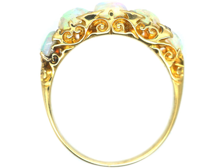 Edwardian 18ct Gold Half Carved Half Hoop Five Stone Opal Ring