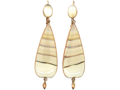 Georgian 9ct Gold & Banded Agate Drop Earrings