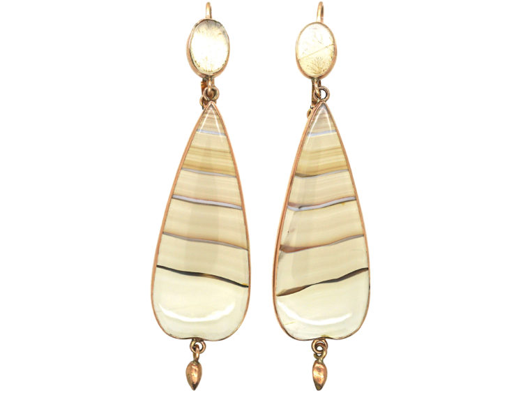 Georgian 9ct Gold & Banded Agate Drop Earrings