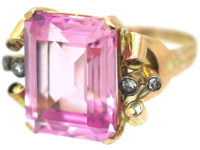 Retro 14ct Gold, Synthetic Pink Sapphire with Diamond Set Shoulders