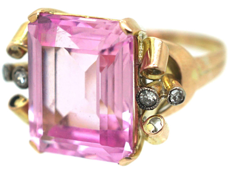 Retro 14ct Gold, Synthetic Pink Sapphire with Diamond Set Shoulders